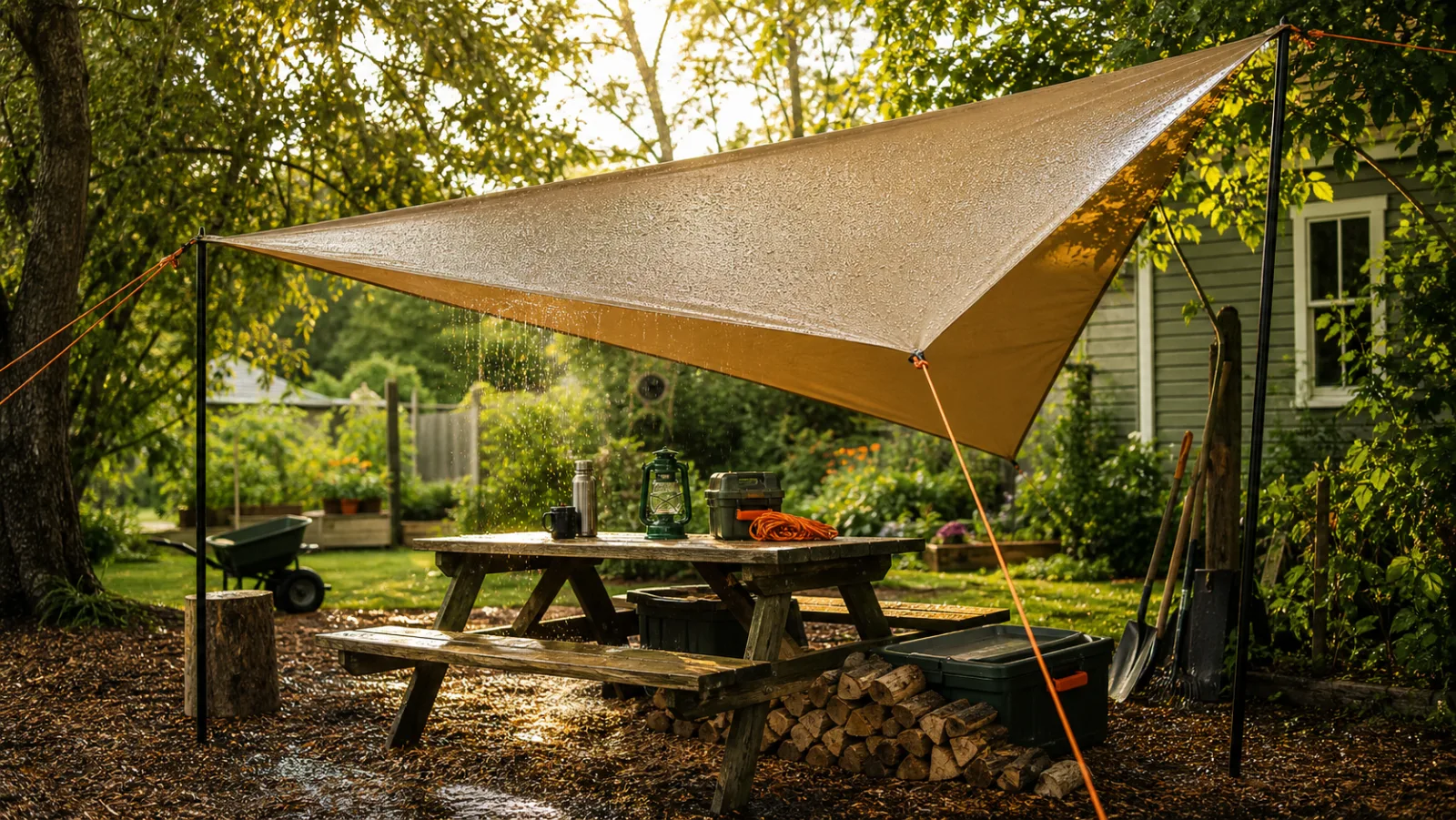 Backyard tarp arranged as a sloped outdoor cover