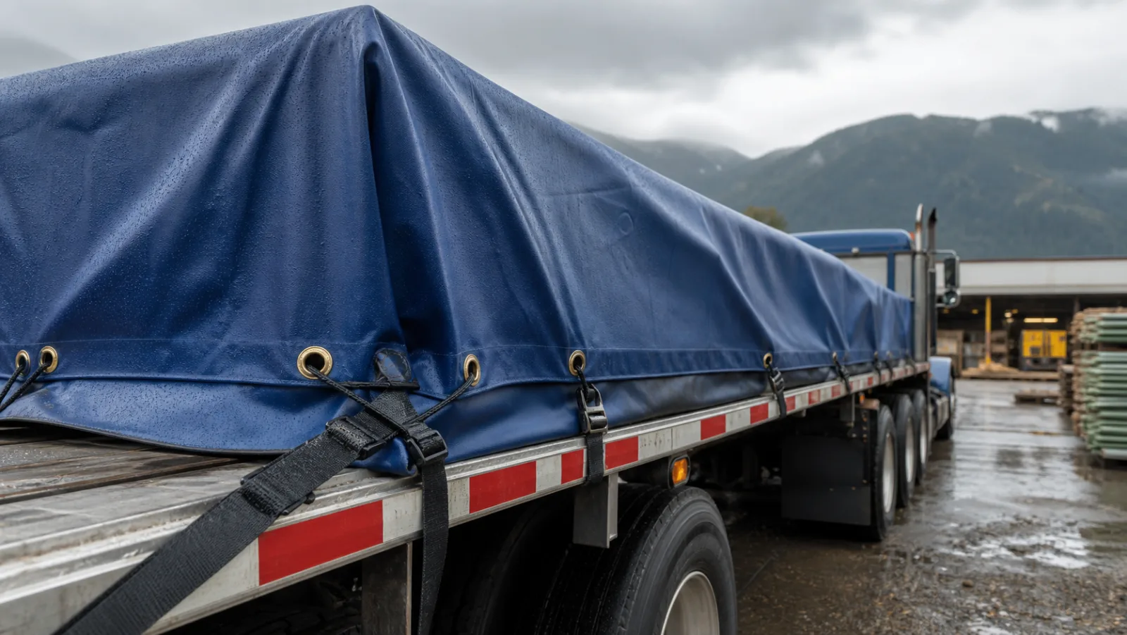 Blue tarp covering a loaded flatbed trailer, secured along the trailer edge