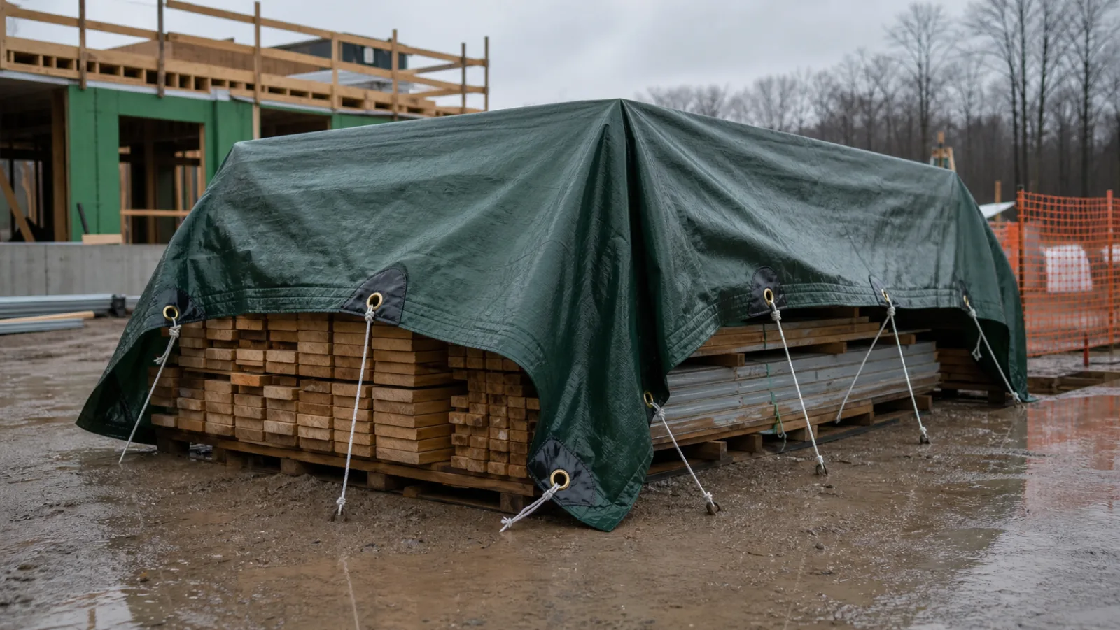 Green tarp covering stacked lumber and building supplies at a wet jobsite