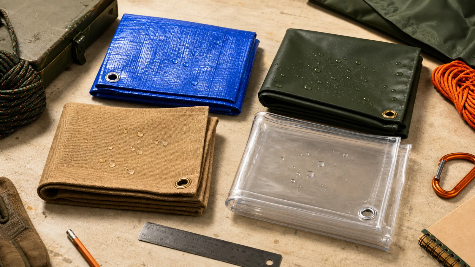 Four folded tarp materials with water droplets and grommets